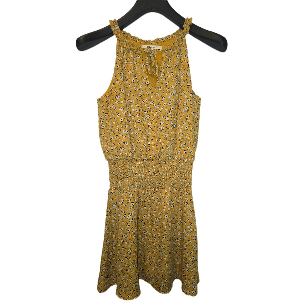 Miami Tessie R22 Yellow Floral Halter Smocked Waist Mini Dress XS